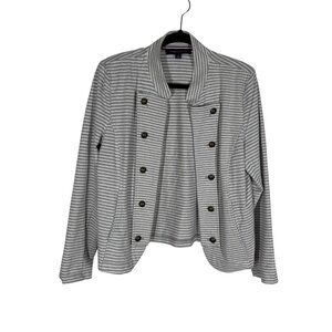 Tommy Hilfiger Women L Gray White Striped Knit Open Front Military Band Jacket